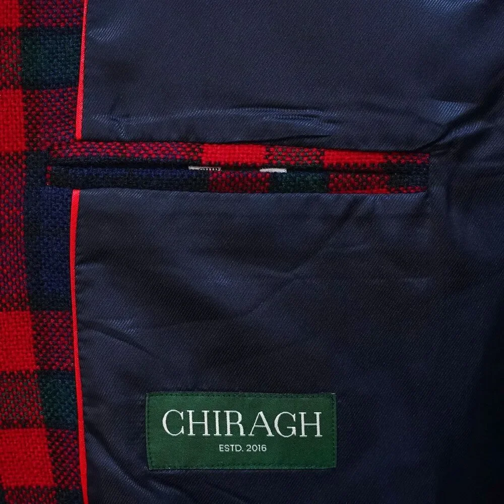 Mens Wool Sport Coat 44R Red Blue Green Tartan Plaid Blazer 2 Button Wedding